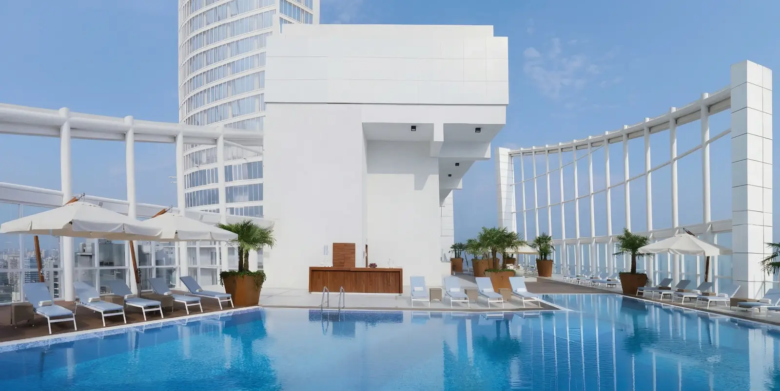 Architectural steel framework above a rooftop swimming pool