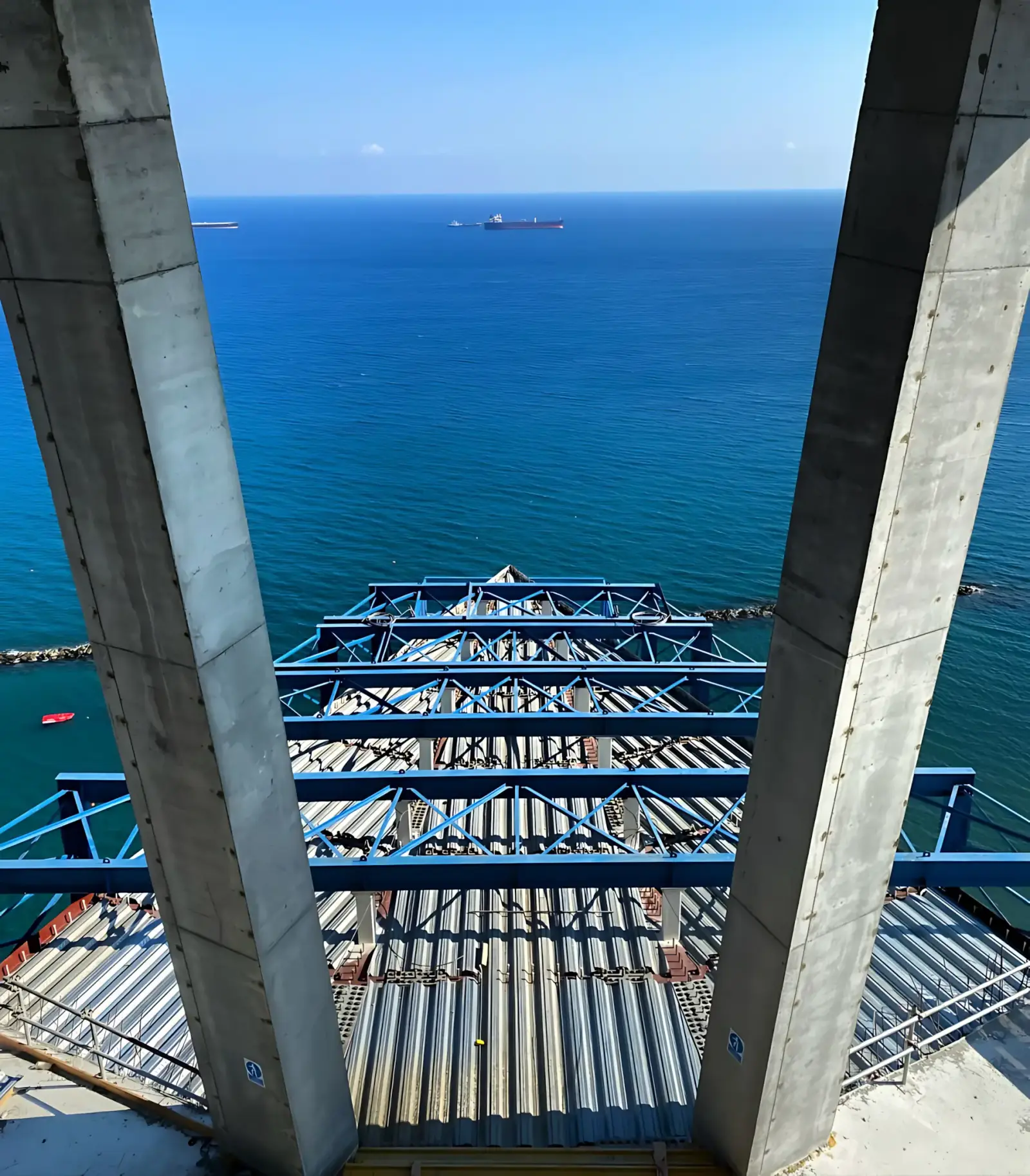 Steel framework and decking overlooking the sea at Trilogy Sea Front in Limassol, Cyprus